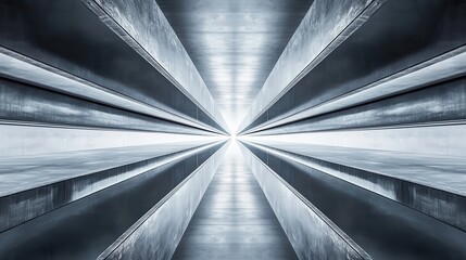 A striking perspective view of metallic beams converging towards a bright center, creating a sense of depth and modernity.
