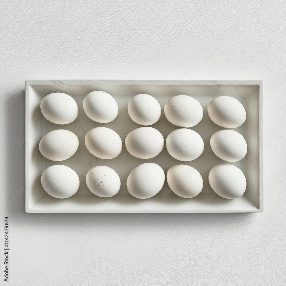 Poster a wide rectangular tray in 3d design featuring grouped eggs, presented with soft shadows and minimal