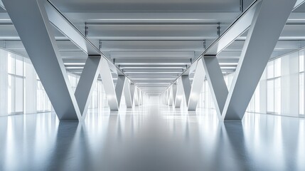 A modern, spacious interior featuring structural beams and ample natural light, creating a minimalistic and open environment.