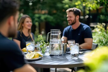 A group of friends enjoying an outdoor gathering around a table with glasses of water, lemon slices, and a water pitcher, reflecting friendship and relaxation.