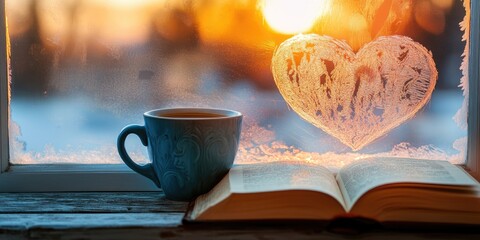 a blue cup of coffee and open book on window sill on winter february day. Frozen heart on glass