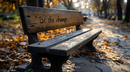 A bench with the words "be the change" written on it