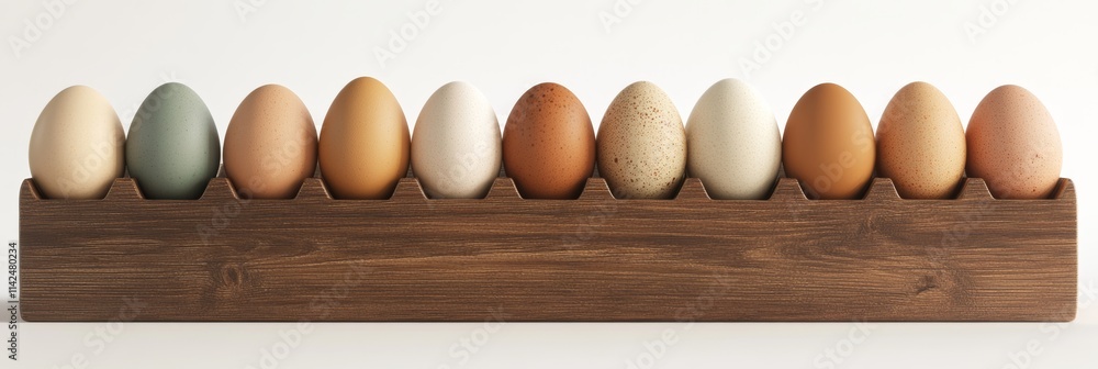 Poster a wide-angle 3d render of eggs sorted by size and color, housed in a modern and minimal wooden stall