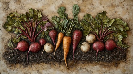 Unique root vegetables on textured background. AI art