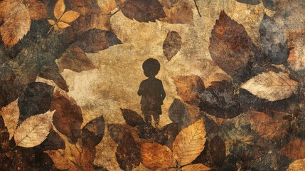 Child among autumn leaves, textured background. AI Art