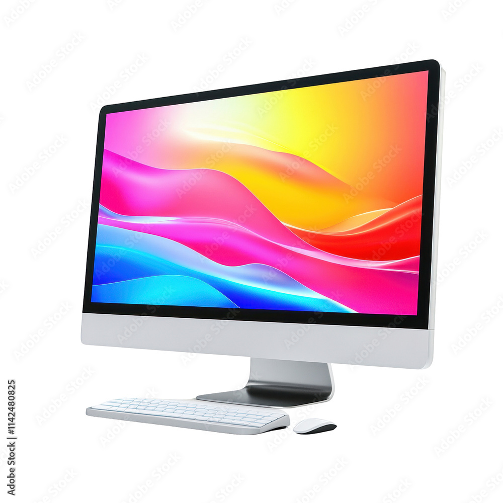 Fototapete A sleek desktop computer featuring a vibrant, colorful display and a minimalist keyboard and mouse setup on white background , cut out.	