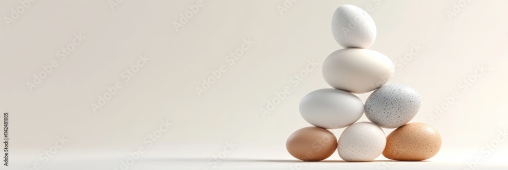Poster different eggs stacked in a pyramid-shaped 3d display, rendered with minimal detailing and soft shad