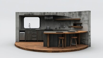 Corner of panoramic kitchen with concrete walls, wooden floor, dark gray island with built in sink and cooker, gray cupboards and bar with stools. 3d rendering