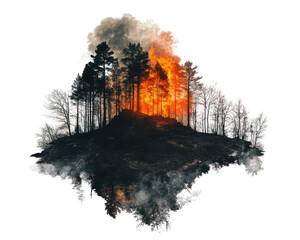 Forest fire engulfing trees, dramatic flames on isolated background.