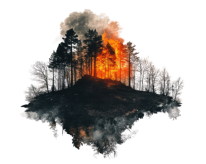 Forest fire engulfing trees, dramatic flames on isolated background.
