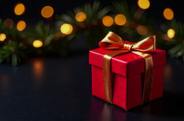 A red gift box with a gold ribbon on a dark background, with blurred garland lights in the background. Place for text.
