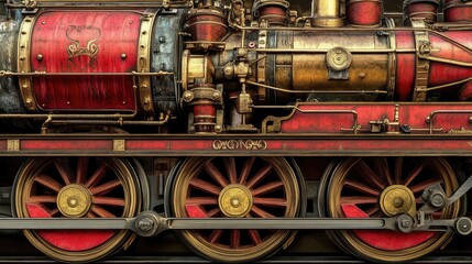 A close-up of a vintage high-speed train wheels and steam engine, emphasizing the intricate details and mechanical design