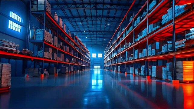 A spacious warehouse with illuminated shelves and reflective flooring.