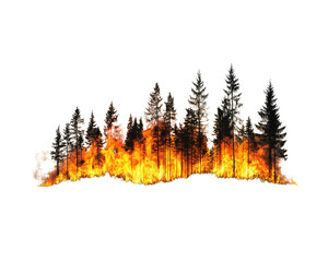 Forest fire with flames and burnt trees on a white isolated background.