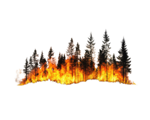 Forest fire with flames and burnt trees on a white isolated background.
