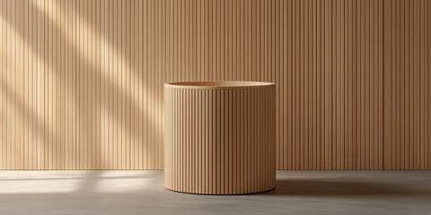 A minimalist wooden table against a textured wood-paneled wall, showcasing modern design and natural materials.