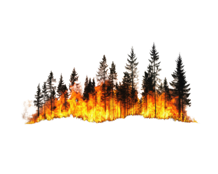 Forest fire with flames and burnt trees on a white isolated background.