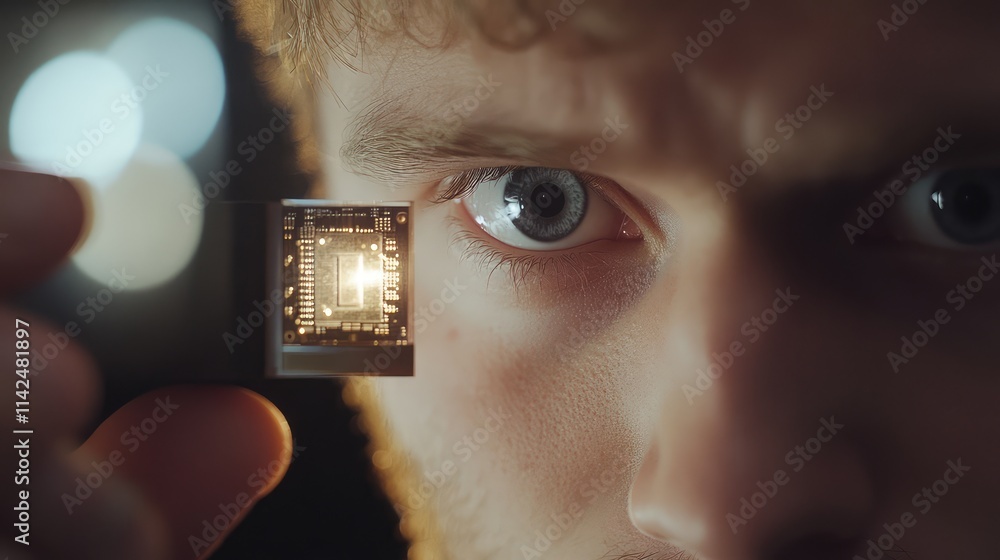 Poster a close-up shot of a microchip on a highly reflective glass, creating a dramatic double-vision effec