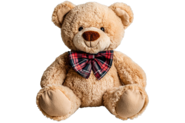 teddy bear with tartan bow on transparent background