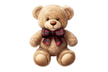 teddy bear with tartan bow on transparent background