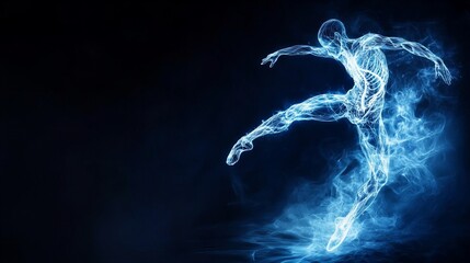 A dynamic figure, seemingly composed of energy, leaps across a dark backdrop. The vibrant blue light traces the form's athletic pose, creating an ethereal and powerful image.