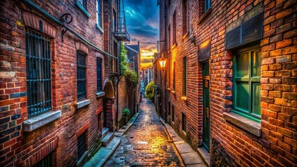 City Alleyway Photography: Dark Urban Backstreet, Grungy Textures, Shadowy Architecture, Detailed Photo