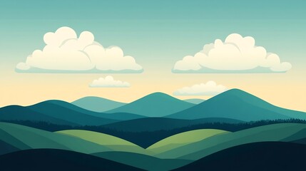 Obraz premium Peaceful Mountain Landscape with Rolling Hills and Soft Clouds in Open Sky Scenic Vista