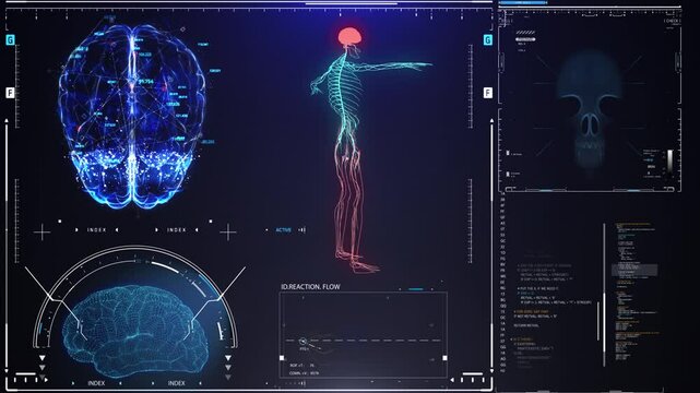 Brain scan screen animation. Screen with various parameters measured. Medical screen interface. Holographic medical application interface. Seamless loop.