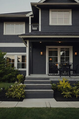 Obraz premium Exterior View of Two-Story House with Porch and Landscaping