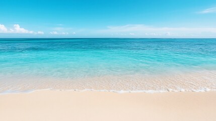 Fototapeta premium Tranquil Beach Scene with Vast Ocean Horizon and Peaceful Blue Skies