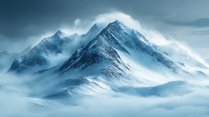 Majestic snow-capped mountains shrouded in mist, dramatic windswept peaks.