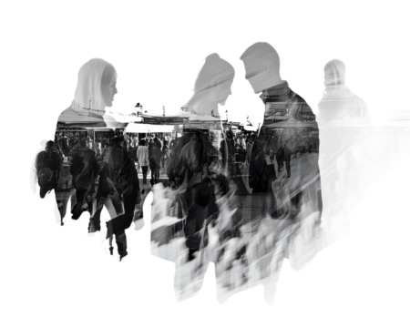 Silhouette of people interacting in a bustling environment.