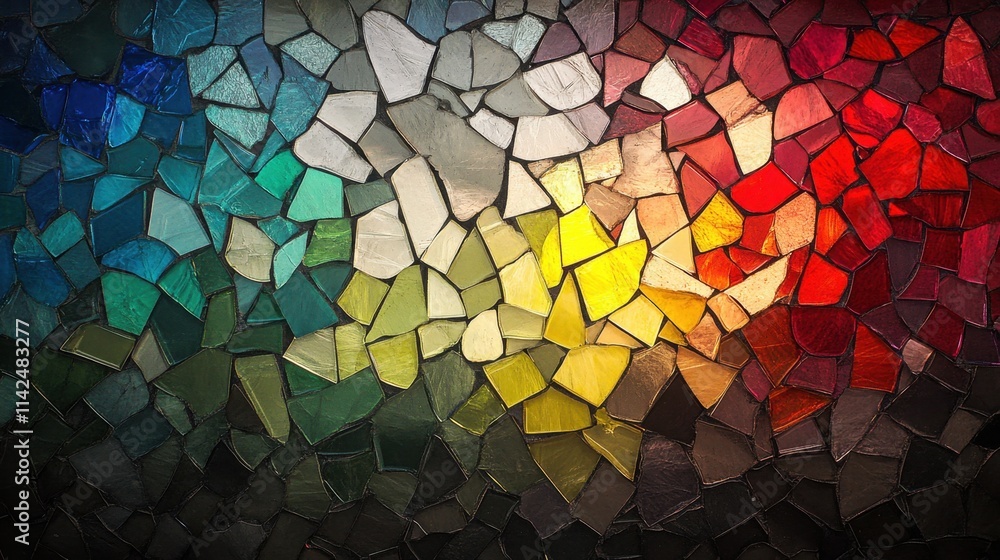 Poster a luminous mosaic glass abstract design with a rich palette of multicolored tiles and realistic ligh