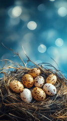 Obraz premium Tiny speckled eggs nestled in a cozy hay nest with a soft blue background, capturing the essence of easter