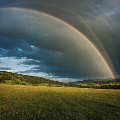 Naklejka premium A scenic meadow with rolling hills and a rainbow in the sky.