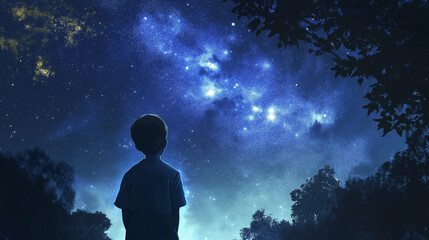 A child looking with curiosity at the starry sky, full of magic, colorful, serene, with a sense of Wonder and tranquility 