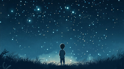 A child looking with curiosity at the starry sky, full of magic, colorful, serene, with a sense of Wonder and tranquility 