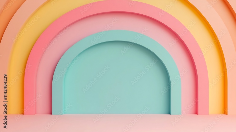 Poster pastel-colored abstract 3d backdrop with clean minimal geometric shapes and soft gradients