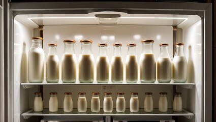 A sumptuous, high-fashion photographic still life of a refrigerator's top shelf, adorned with an assortment of milk bottles, arranged with precision and elegance, evoking the sophistication of a luxur