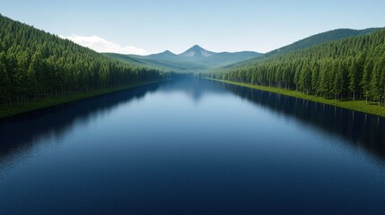 Naklejka premium A serene landscape featuring a calm lake surrounded by lush green forests and distant mountains under a clear blue sky.