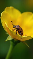 Naklejka premium A brown bean bug perched on the stem of a yellow Charleston rose with soft focus, legume, charleston rose, fauna
