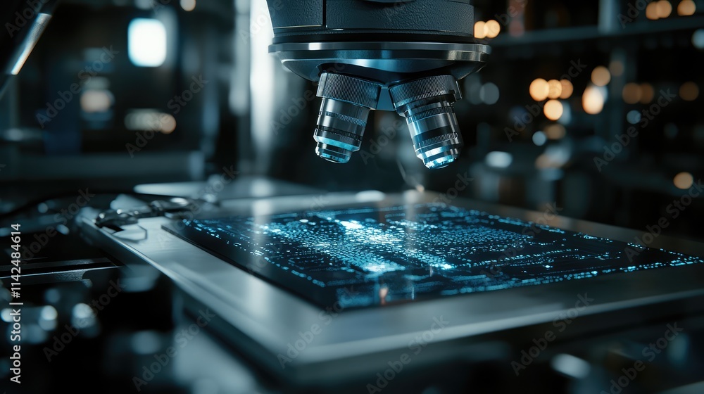 Poster a close-up view of a microchip under a microscope in a futuristic lab setting, with digital overlays