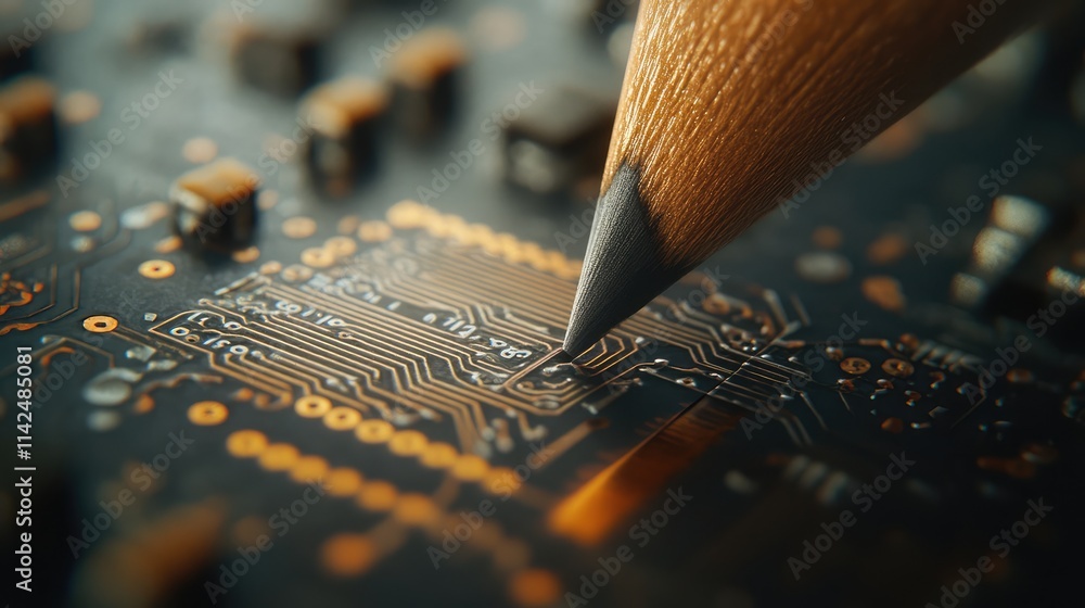 Poster a close-up view of a miniature microchip resting on a graphite pencil tip, with fine circuits highli