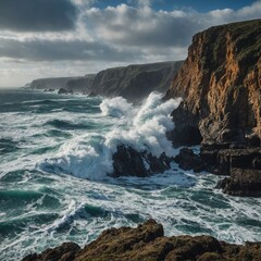 A dramatic coastal scene with waves crashing against jagged cliffs.