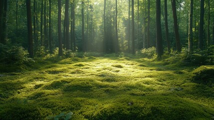 Obraz premium Sunlit Mossy Forest Floor: Enchanting Morning Light in a Lush Green Woodland