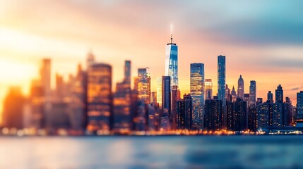 Obraz premium Blurred Cityscape Skyline at Dusk with Twinkling Lights Stylized Urban Background