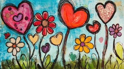 An artistic portrayal of a hand-drawn Valentine's Day card with whimsical elements like flowers and hearts