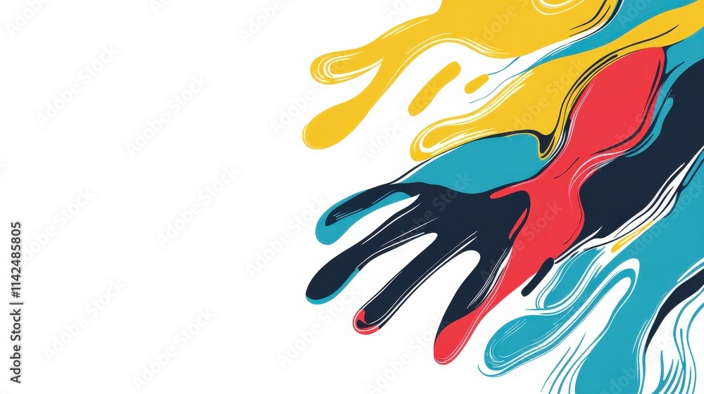 Poster vibrant abstract composition with colorful paint splashes and fluid shapes creating dynamic movement