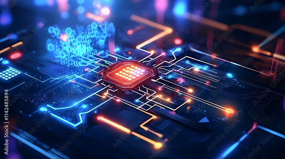 Poster strategy and planning concept. abstract circuit board with glowing microchip design