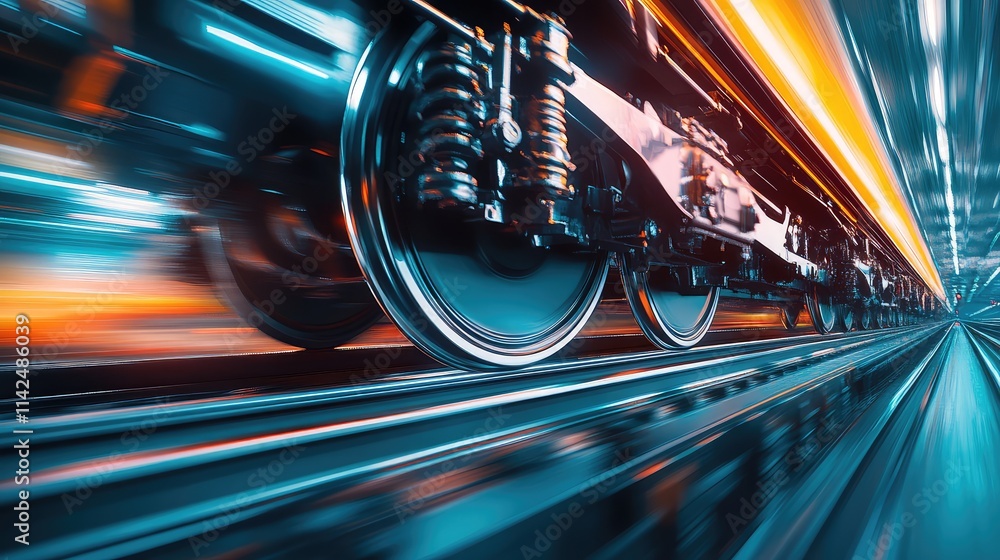 Poster a close-up view of a high-speed train wheels on tracks, emphasizing precision engineering and speed